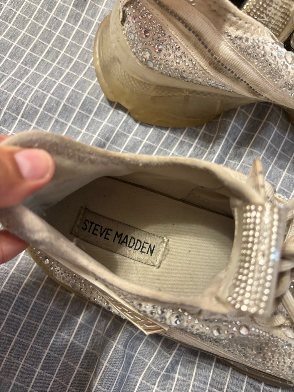 Steve Madden Crystal-Embellished Beige Knit Sneakers - Picture 3 of 3